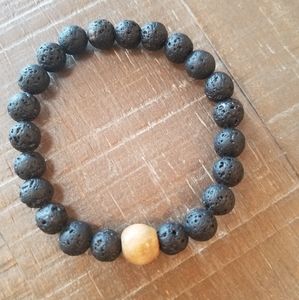 Black Lava Stone Bracelet with Wood Bead